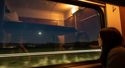 A pensive woman on a sleeper train looking out the window at night, with the starry sky and moon reflected in the glass over the interior