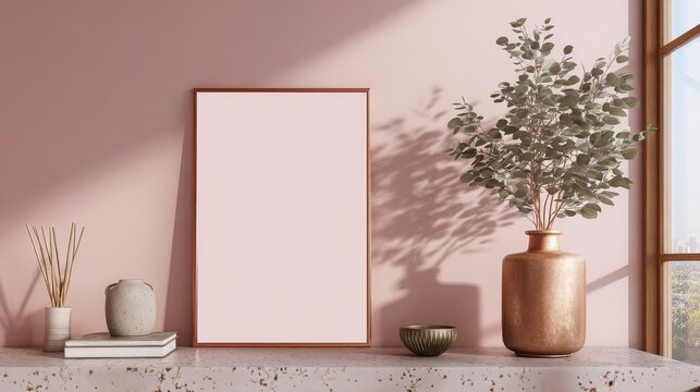 Thin copper frame template on dusty pink wall. Trendy minimalist interior styling