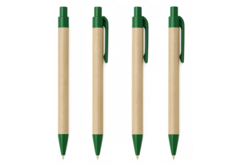 Recycled green-tipped pens aligned neatly, symbolizing environmental responsibility and sustainable office supplies design
