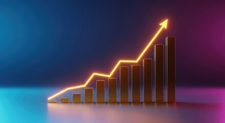 Digital bar chart with a glowing ascending line. Financial growth and success concept for business presentation slides.