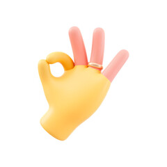Obraz premium Yellow cartoon hand making the ok gesture with three fingers raised isolated on transparent background