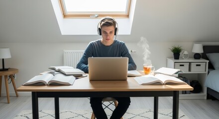 Focused teen boy wearing headphones, studying with a laptop and books in a bright attic room. Ideal for online learning, remote education, and student life.