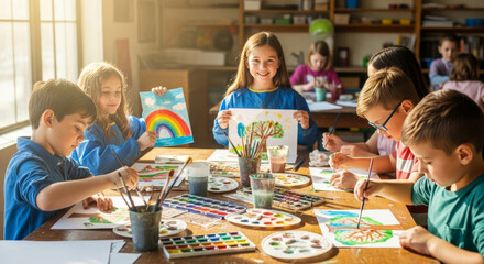 Joyful diverse children learn and create art in a bright classroom. Perfect for themes of education, creativity, childhood, and development.