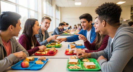 Happy, diverse high school students enjoying lunch and conversation in a bright cafeteria. Ideal for themes of school life, friendship, healthy eating, and youth.