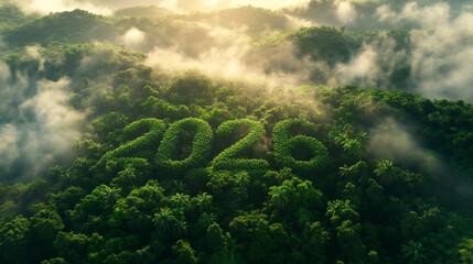 Lush green forest shaped into 2026. Environmental sustainability and future climate goals symbolized through nature and reforestation message.