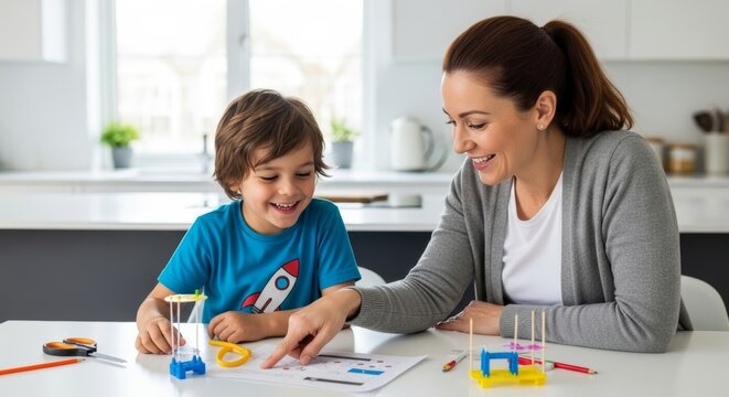 Happy mother and young boy conducting colorful science experiment with test tubes and educational materials at bright kitchen table, showcasing homeschooling activities.