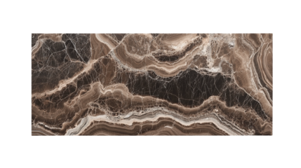 A polished marble piece with brown and black natural veining displayed on a plain white background or transparent png  
