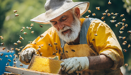 Close-up of a Senior Beekeeper Working with Honeycomb