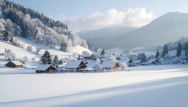 Quiet mountain hamlet blanketed in fresh snow beneath soft morning light