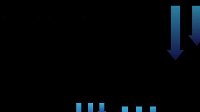 Blue Downward Arrows Looping Animation on Black Background Showing Decrease or Negative Trend