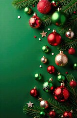 Embrace the New Year vibe with a top-down view. Red-gold baubles, train and house tree toys, party glasses, and confetti on green, leaving space for your message