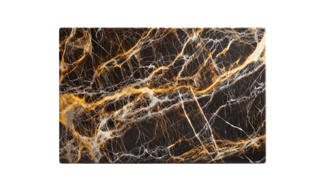 A polished marble piece with black, white, and golden veining displayed on a plain background or transparent png 