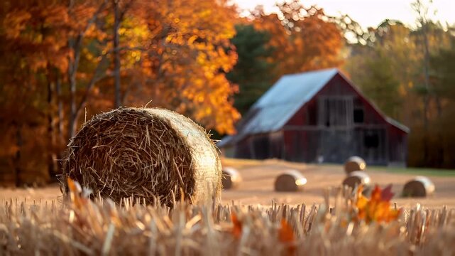 A vivid autumnal scene featuring a red barn and hay bales in the foreground. The barn is set against a backdrop of vibrant fall foliage, with the sun casting a warm.