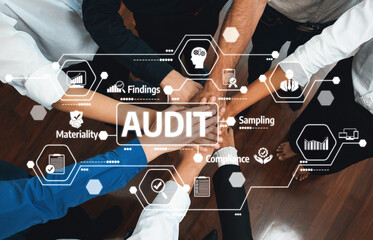 A diverse team collaborates on an audit process, showing hands united as digital icons symbolize...