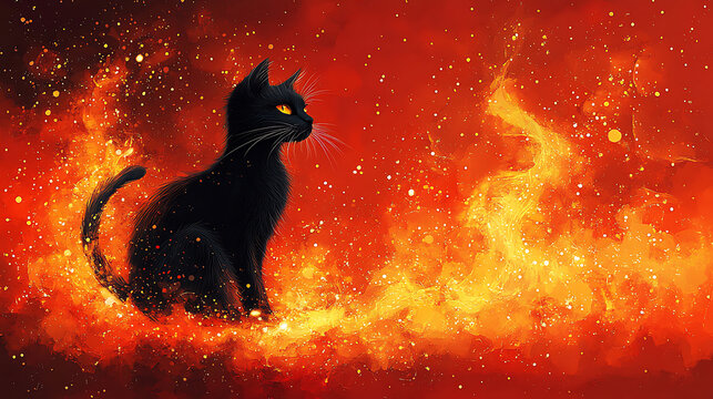 Fiery Black Cat Mystical Creature in a Blaze of Glory