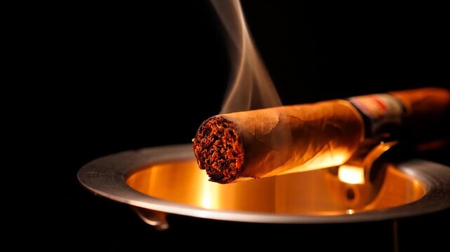 A close-up shot of a luxury cigar burning in a shiny ashtray, with smoke slowly rising on a black background.