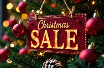Banner. Glowing sale sign on a Christmas tree. Discount and shopping concept.