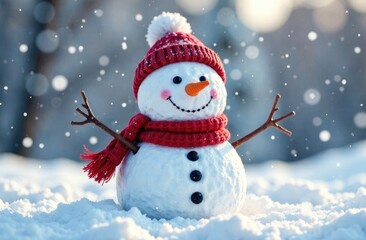 A cheerful snowman donning a fashionable red hat and matching scarf stands proudly in a snowy field, set against a clear blue sky. Christmas postcard