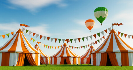 Obraz premium Orange and white striped tents on lush grass. Colorful bunting hangs between the tents, and two hot air balloons in green, red, and white float above the gathering. Concept, festival of India.