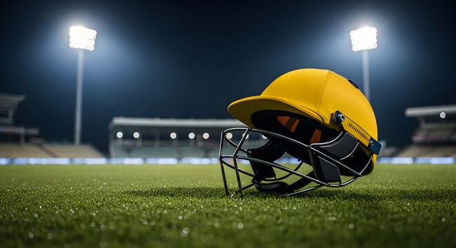 Yellow Cricket Helmet on Field Under Stadium Lights