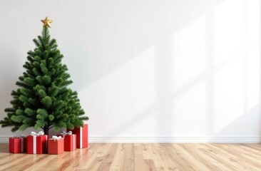 christmas tree with colorful balls and gift boxes over white brick wall