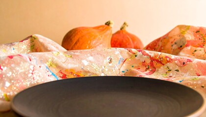 Empty dark plate on patterned tablecloth with pumpkins