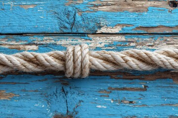 Fototapeta premium Abstract marine backdrop featuring weathered blue wood and textured white rope, evoking a nautical theme perfect for coastal designs.