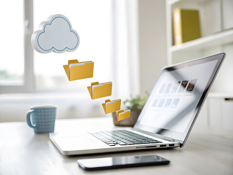 Cloud Storage Concept With Folders Uploading To Laptop From The Cloud image photo