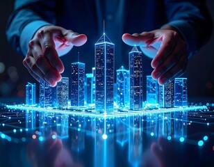 Hands protecting digital cityscape