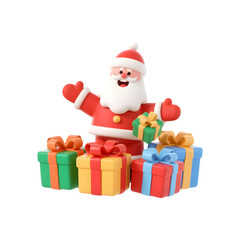 3d Cheerful santa claus figurine surrounded by colorful gift boxes isolated on transparent background