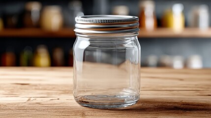 Clear glass mason jar with metal lid on wooden surface. Preserve packaging template. Homemade product branding