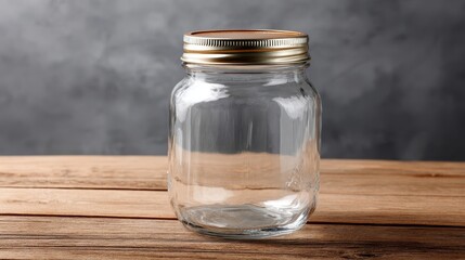 Clear glass mason jar with metal lid on wooden surface. Preserve packaging template. Homemade product branding