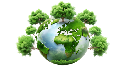 Planet earth with trees growing on it, symbolizing nature and environment, isolated on transparent background