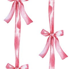 Vertical seamless pattern with pink ribbons and bows on a white background. Watercolor illustration. Seamless background for fabrics, textiles, wallpaper, packaging, stickers, postcards, posters