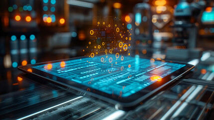  Digital tablet displaying floating code and data. Futuristic technology concept illustrating software development, cyber innovation, and advanced computing systems.