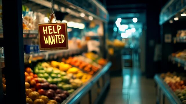 A closeup shot of a grocery store shelf with a HELP WANTED sign hanging from it. The sign is illuminated with a bright yellow glow, and the text is written in bold black letters.