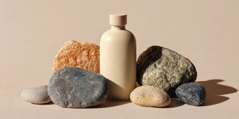 Minimalist Cream Bottle with Natural Stones on Neutral Beige Background
