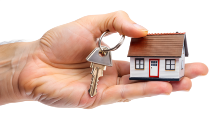 Hand holding a key and a miniature house, symbolizing homeownership and real estate transactions isolated on white isolated on transparent background