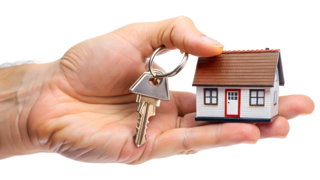 Hand holding a key and a miniature house, symbolizing homeownership and real estate transactions isolated on white isolated on transparent background