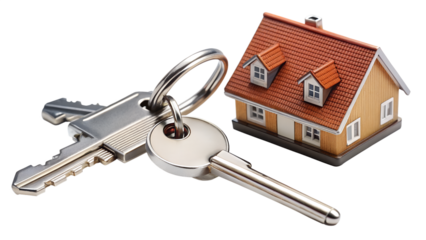 Closeup of a house model and keys, representing real estate and property ownership isolated on transparent background