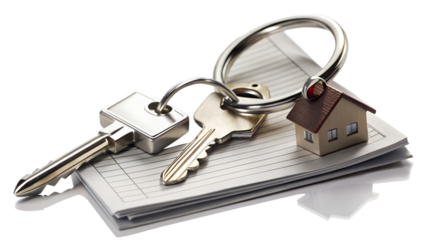 Keys to a new home on paperwork, isolated on transparent background
