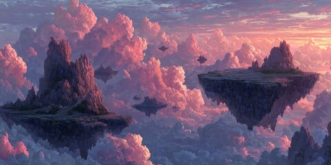 Floating islands at sunset creating surreal fantasy landscape