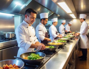 Team of chefs preparing vibrant dishes in a modern stainless-steel professional kitchen
