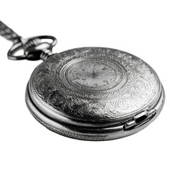 Intricately Engraved Antique Silver Pocket Watch with Chain on Transparent Background