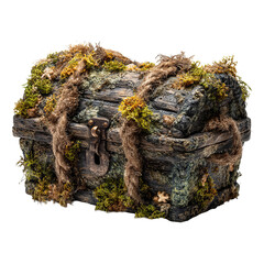 Rustic weathered treasure chest with moss and rough rope on transparent background