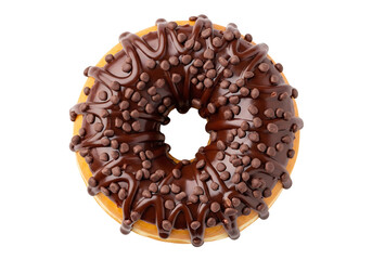Chocolate glazed donut with chocolate sprinkles topping, top view dessert. Isolated on transparent background, png