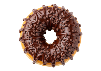 Chocolate glazed donut with chocolate sprinkles topping, top view dessert. Isolated on transparent background, png