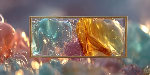 Golden frame displaying mixing fluids creating abstract colorful background