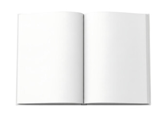 Open book with blank white pages, top view mockup for magazine or text. Isolated on transparent background, png