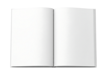 Open book with blank white pages, top view mockup for magazine or text. Isolated on transparent background, png